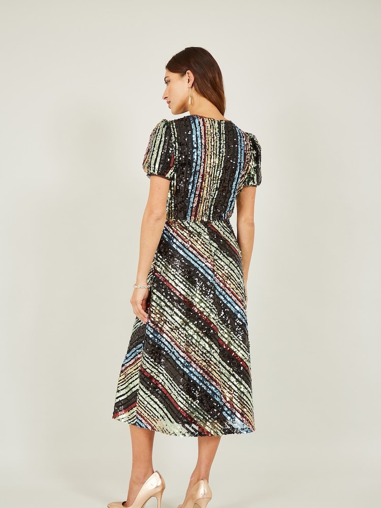 Yumi Natural Rainbow Stripe Sequin Midi Dress - Image 2 of 5