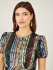 Yumi Natural Rainbow Stripe Sequin Midi Dress - Image 4 of 5