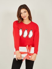 Yumi Red Christmas Festive Penguin Knitted Jumper - Image 1 of 4