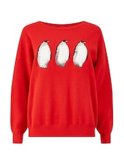 Yumi Red Christmas Festive Penguin Knitted Jumper - Image 4 of 4