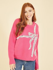 Yumi Pink Sequin Bow Knitted Jumper - Image 1 of 4