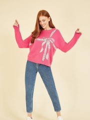 Yumi Pink Sequin Bow Knitted Jumper - Image 2 of 4