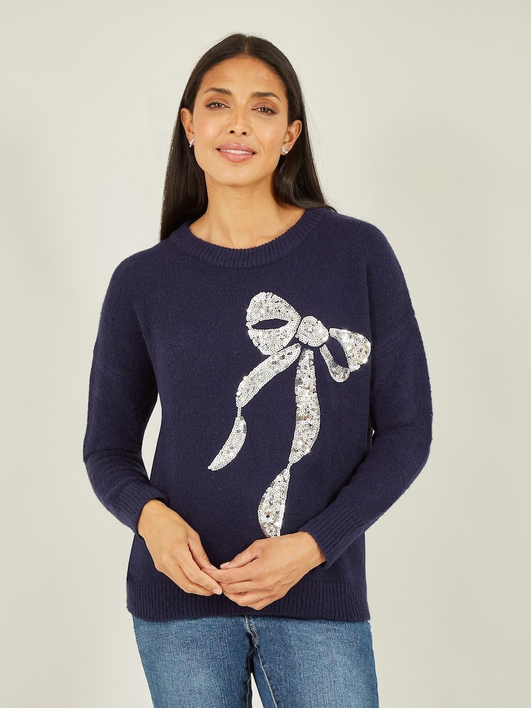 Yumi Blue Sequin Bow Knitted Jumper - Image 1 of 5