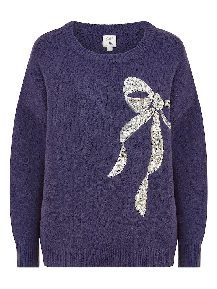 Yumi Blue Sequin Bow Knitted Jumper - Image 5 of 5