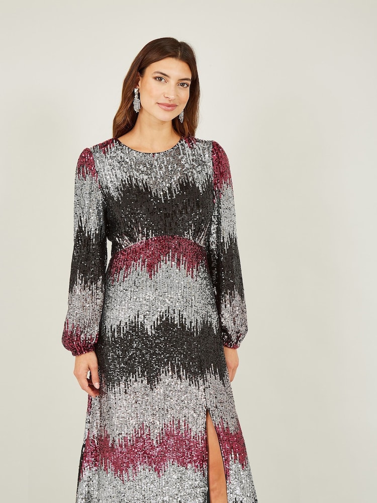 Yumi Natural Sequin Ombre Long Sleeve Midi Dress - Image 1 of 5