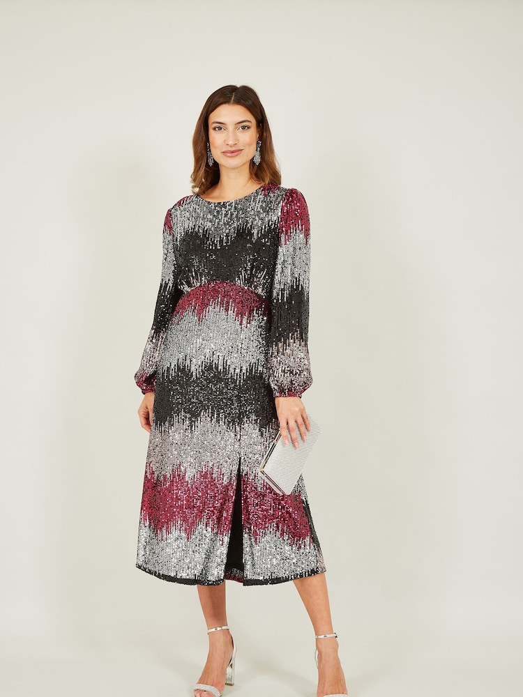 Yumi Natural Sequin Ombre Long Sleeve Midi Dress - Image 3 of 5