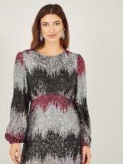Yumi Natural Sequin Ombre Long Sleeve Midi Dress - Image 4 of 5