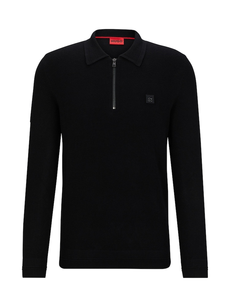 HUGO Black Zip Neck Textured Polo Shirt - Image 5 of 5