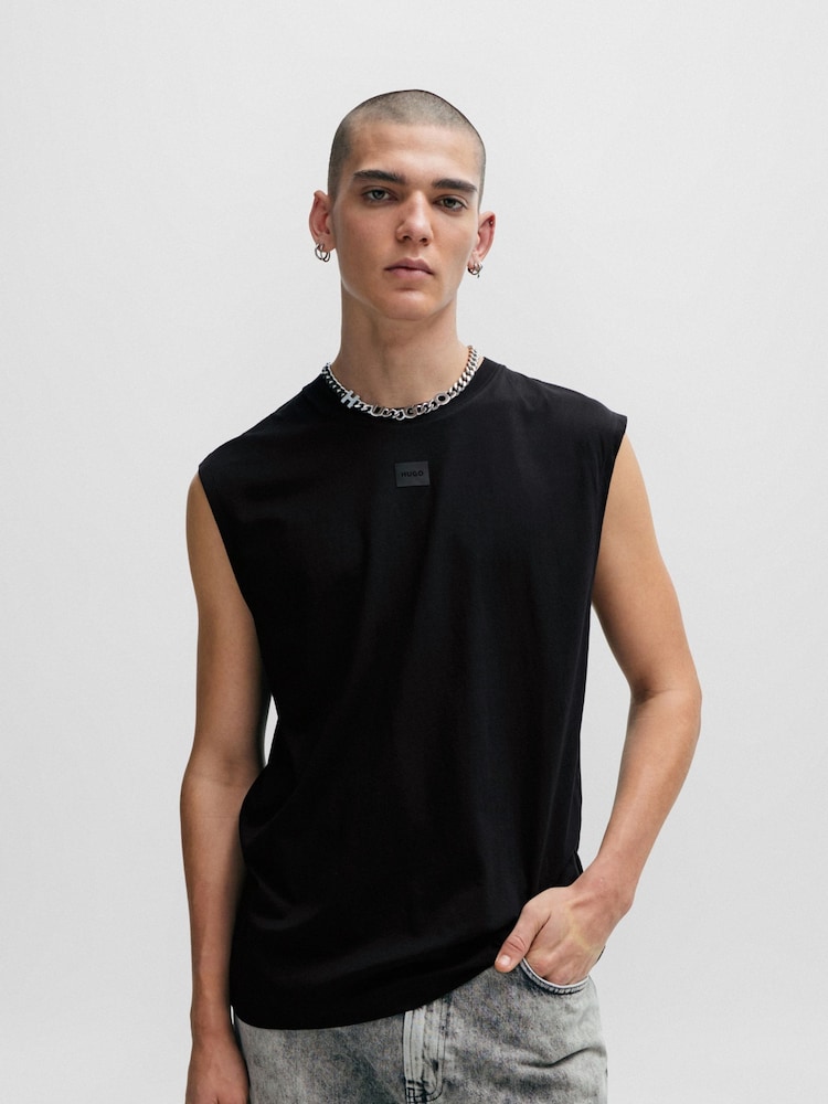 HUGO Black Logo Detail Sleeveless T-Shirt 100% Cotton Jersey - Image 1 of 6