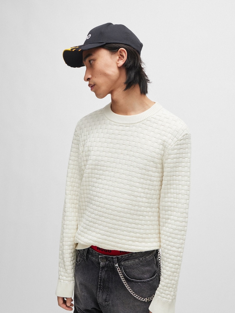 HUGO White Relaxed Fit Textured 3D Knitted 100% Cotton Jumper - Image 1 of 5