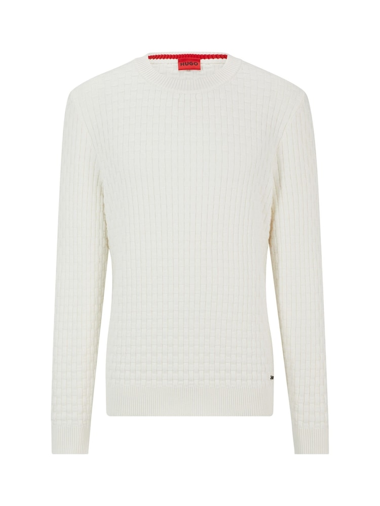 HUGO White Relaxed Fit Textured 3D Knitted 100% Cotton Jumper - Image 5 of 5 HUGO White Relaxed Fit Textured 3D Knitted 100% Cotton Jumper - Image 5 of 5