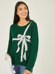 Yumi Green Sequin Bow Knitted Jumper - Image 1 of 5