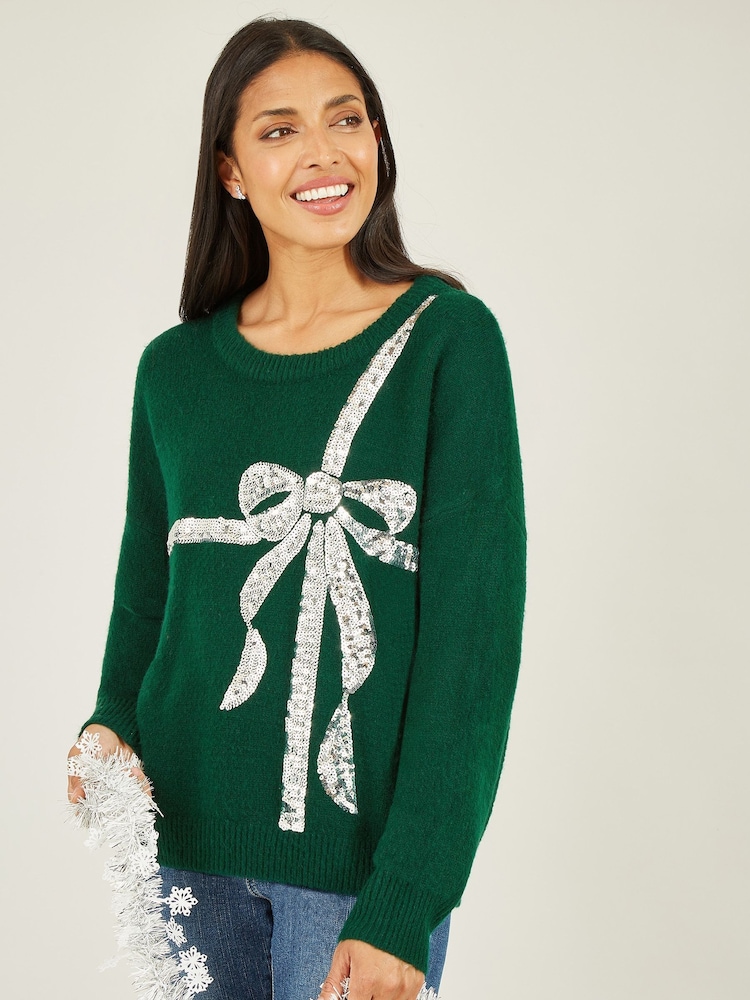 Yumi Green Sequin Bow Knitted Jumper - Image 1 of 5 Yumi Green Sequin Bow Knitted Jumper - Image 1 of 5