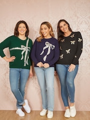 Yumi Green Sequin Bow Knitted Jumper - Image 2 of 5