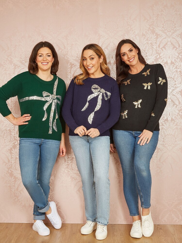 Yumi Green Sequin Bow Knitted Jumper - Image 2 of 5 Yumi Green Sequin Bow Knitted Jumper - Image 2 of 5