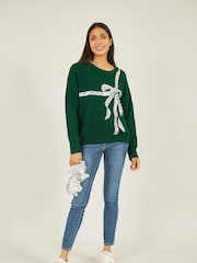 Yumi Green Sequin Bow Knitted Jumper - Image 3 of 5