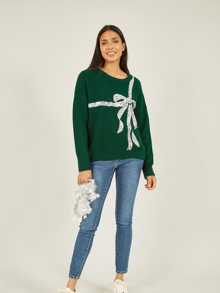 Yumi Green Sequin Bow Knitted Jumper - Image 3 of 5