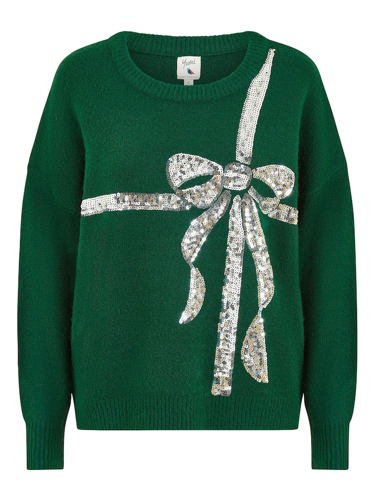 Yumi Green Sequin Bow Knitted Jumper - Image 5 of 5