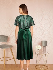 Yumi Green Embellished Velvet Wrap Skater Midi Dress - Image 2 of 5