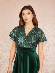 Yumi Green Embellished Velvet Wrap Skater Midi Dress - Image 3 of 5