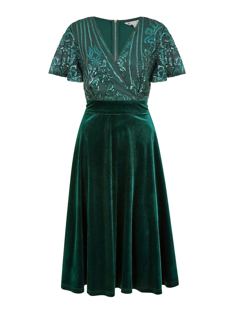Yumi Green Embellished Velvet Wrap Skater Midi Dress - Image 5 of 5