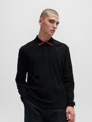 HUGO Black 100% Cotton Piped Collar Long Sleeve Jersey Polo Shirt - Image 1 of 6