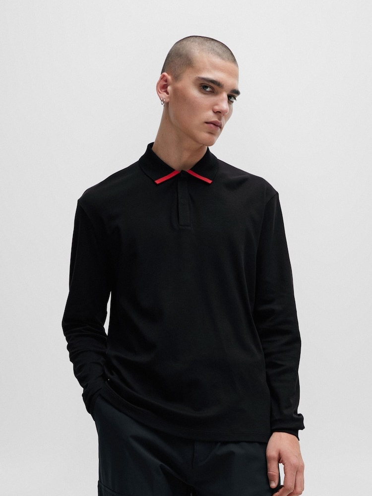 HUGO Black 100% Cotton Piped Collar Long Sleeve Jersey Polo Shirt - Image 1 of 6