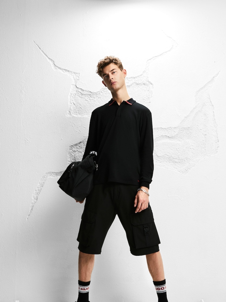 HUGO Black 100% Cotton Piped Collar Long Sleeve Jersey Polo Shirt - Image 2 of 6