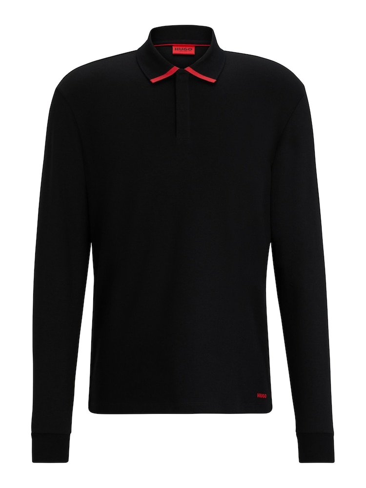HUGO Black 100% Cotton Piped Collar Long Sleeve Jersey Polo Shirt - Image 6 of 6