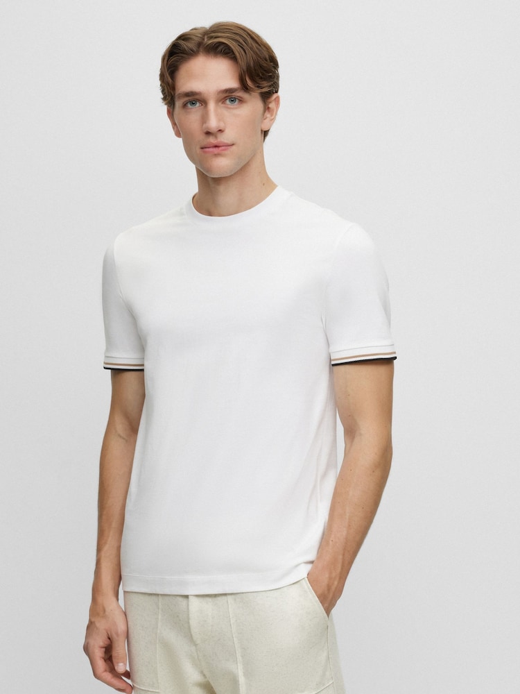 BOSS White 100% Cotton Jersey Signature Stripe T-Shirt - Image 1 of 5