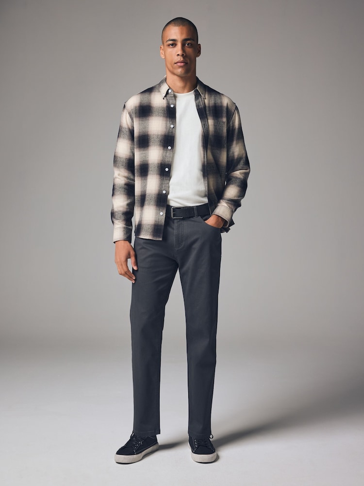 Charcoal Grey Straight Fit Belted Textured 5 Pocket Trousers - Image 2 of 11