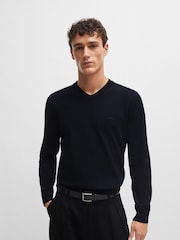 BOSS Blue V-Neck Cotton Embroidered Logo 100% Cotton Sweater - Image 1 of 5