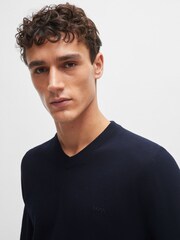 BOSS Blue V-Neck Cotton Embroidered Logo 100% Cotton Sweater - Image 4 of 5