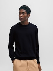 BOSS Dark Blue Crew Neck Embroidered Logo Knitted 100% Cotton Jumper - Image 1 of 5