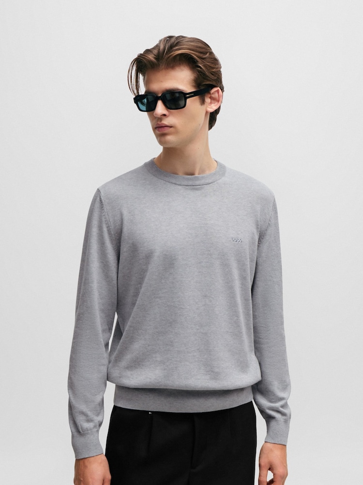 BOSS Light Grey Crew Neck Embroidered Logo Cotton Jumper - Image 1 of 5