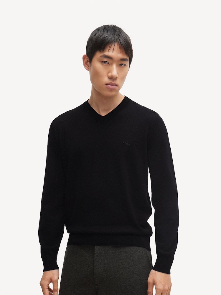 BOSS Black V-Neck 100% Cotton Embroidered Logo Sweater - Image 1 of 5