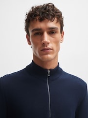 BOSS Dark Blue Quarter Zip Premium Knitted 100% Cotton Jumper - Image 4 of 5