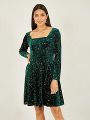 Mela Green Star Foil Print Long Sleeve Skater Dress - Image 1 of 5