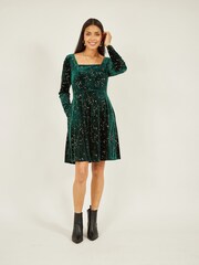 Mela Green Star Foil Print Long Sleeve Skater Dress - Image 2 of 5