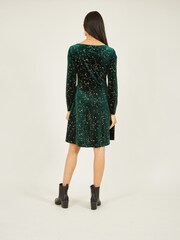 Mela Green Star Foil Print Long Sleeve Skater Dress - Image 3 of 5