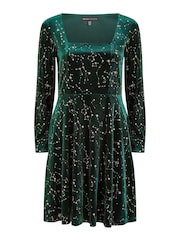 Mela Green Star Foil Print Long Sleeve Skater Dress - Image 5 of 5