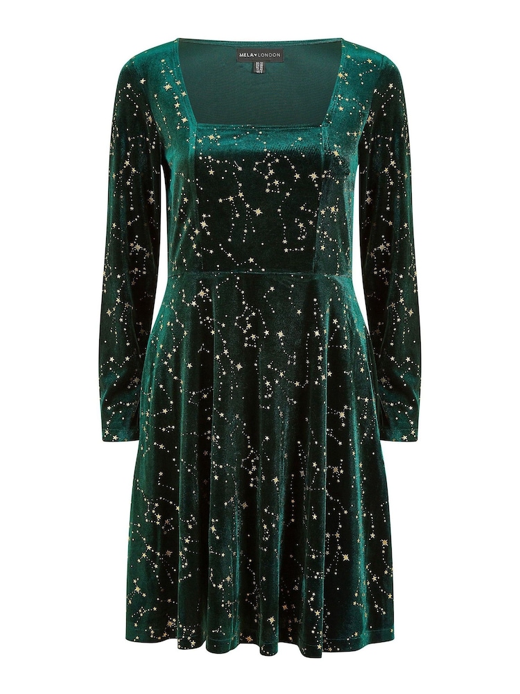 Mela Green Star Foil Print Long Sleeve Skater Dress - Image 5 of 5
