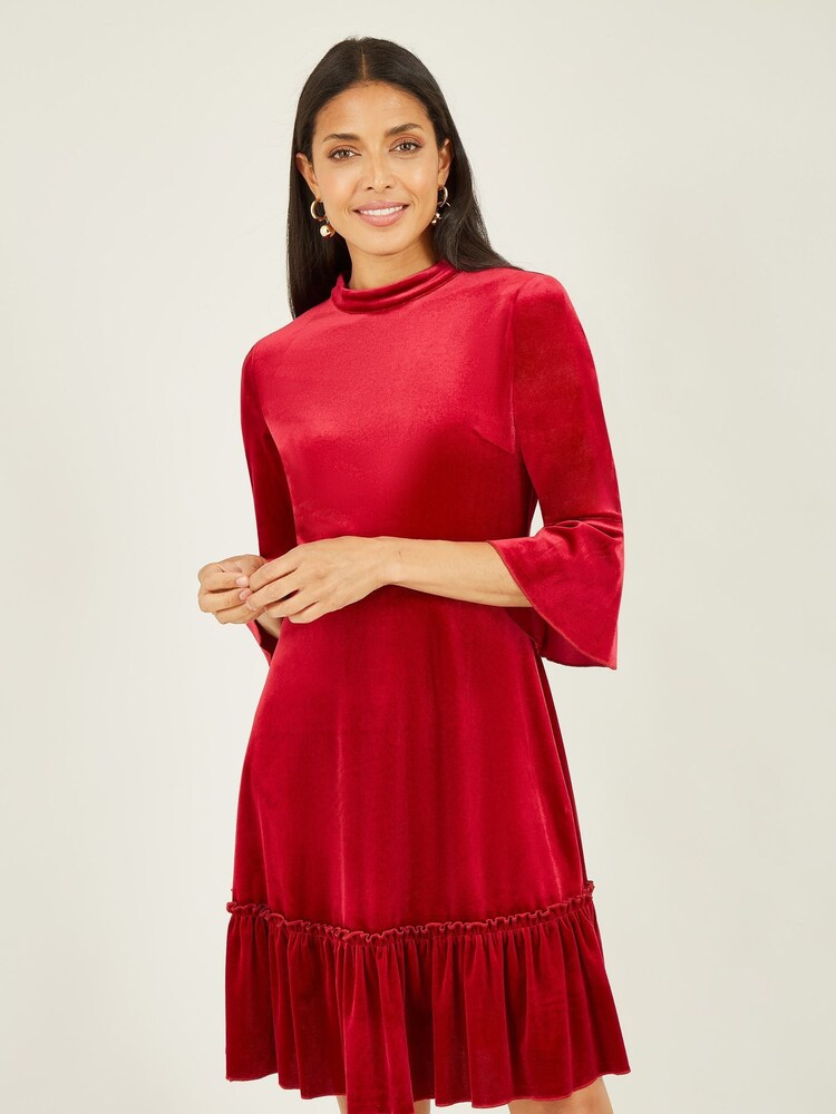 Mela Red Velvet High Neck Skater Dress - Image 1 of 4