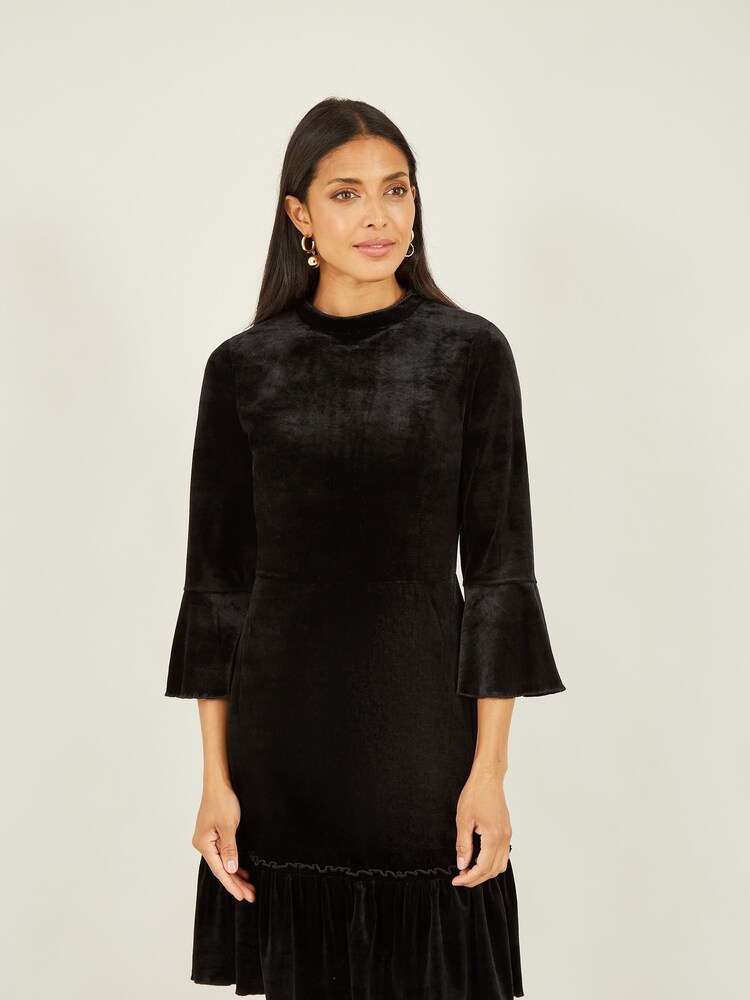 Mela Black Velvet High Neck Skater Dress - Image 1 of 4
