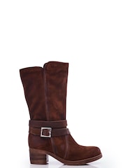 Moda in Pelle Brown Brinley Buckle Wrap Mid Calf Boots With Piping Detail - Image 1 of 4