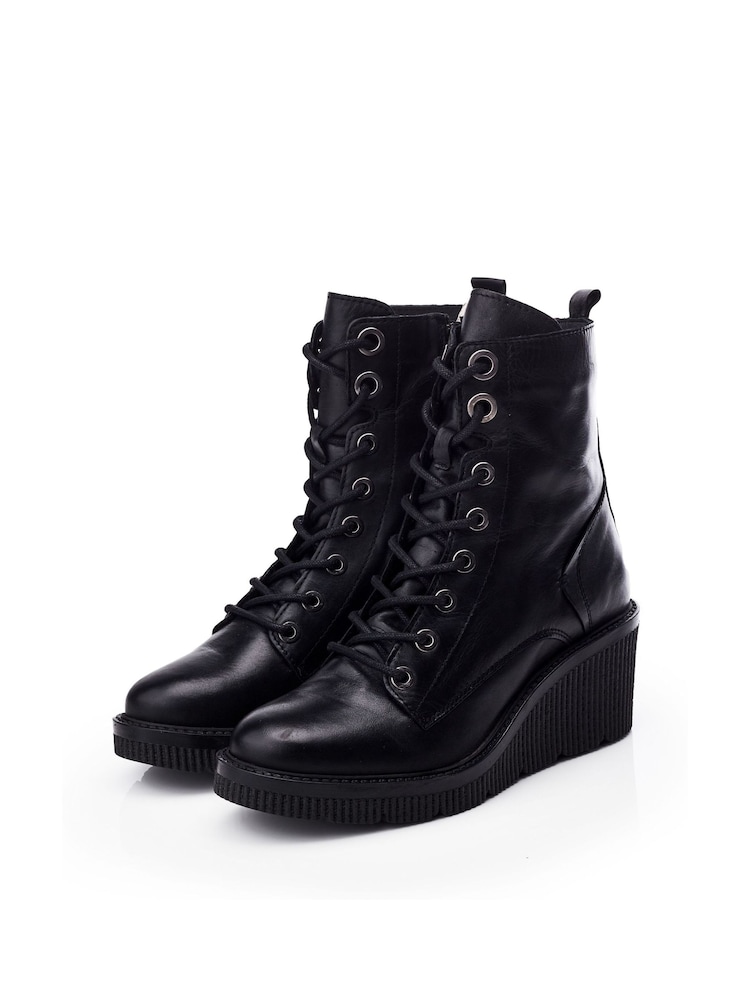 Moda in Pelle Braniyah Wedge Heel Lace-Up Black Ankle Boots - Image 2 of 4
