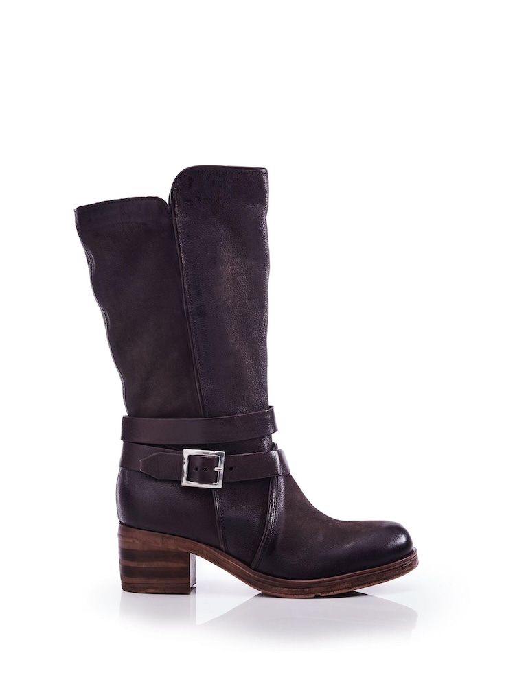 Moda in Pelle Brown Brinley Buckle Wrap Mid Calf Boots With Piping Detail - Image 1 of 3