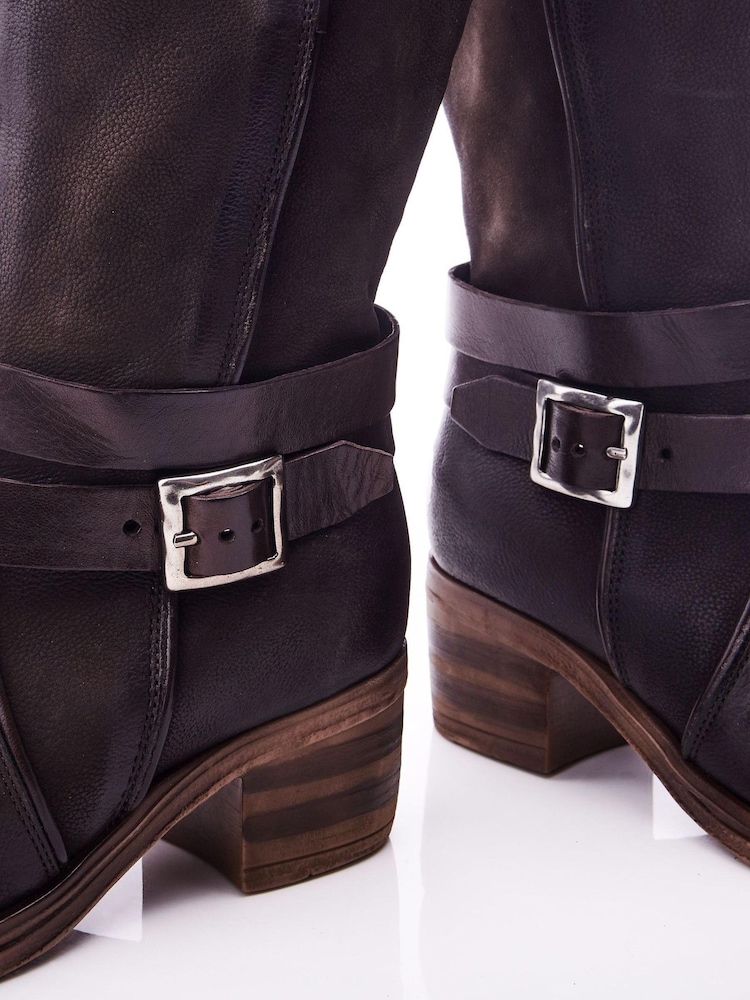 Moda in Pelle Brown Brinley Buckle Wrap Mid Calf Boots With Piping Detail - Image 3 of 3