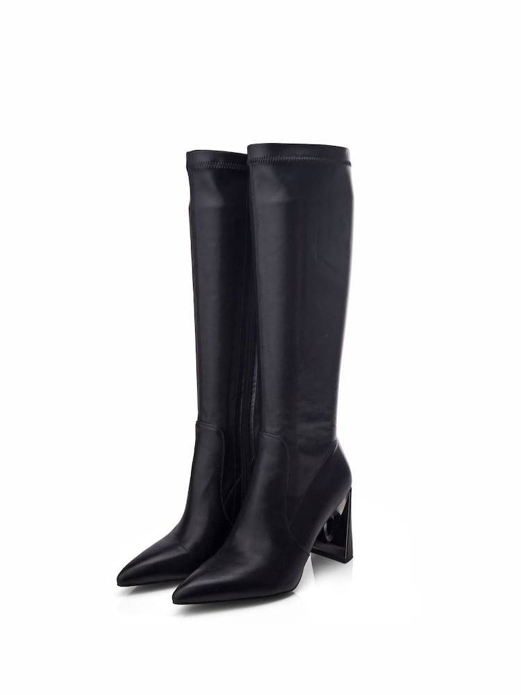 Moda in Pelle Tamika Slim Heel Metal Back Stretch Long Smart Black Boots - Image 2 of 4