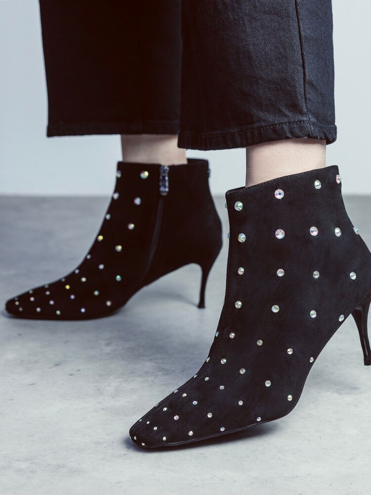 Moda in Pelle Wenoa Sq Toe Kitten Heel Crystal Stone Ankle Black Boots - Image 1 of 5